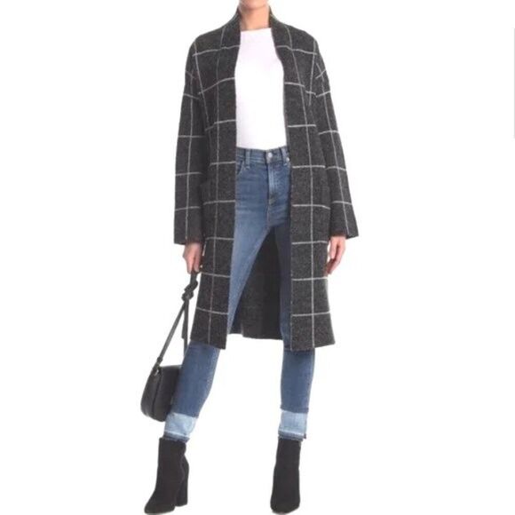 CYRUS Windowpane Plaid Open Front Cardigan L Sweater Coat Stretch Comfy Coatigan - Picture 1 of 7